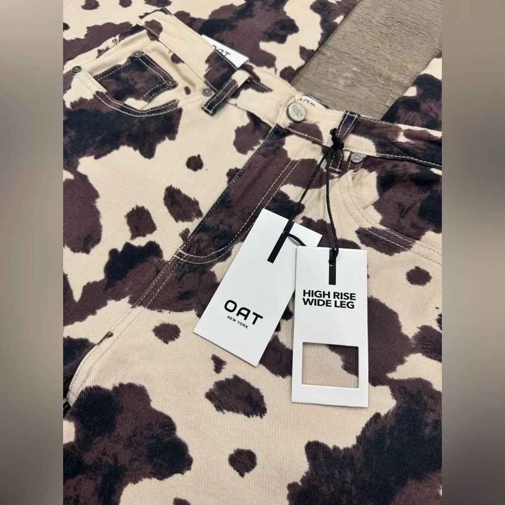 OAT New York Cow Print High Rise Wide Leg Jeans | Size 28 / 6 | NWT - Picture 3 of 7